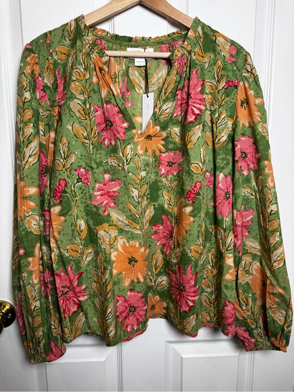 Anthropologie Velvet Graham Spencer NWT 100% Cotton Floral Peasant Blouse Large